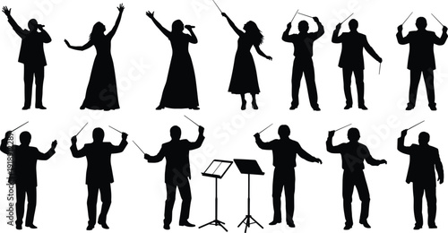 Large collection of black silhouettes of music conductors and singers performing on stage in various active poses isolated on white.