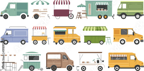 Set of colorful food truck vectors and street market stalls isolated on white background for design