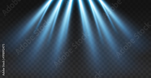 Spotlight, stage light, light source, concert lighting. Glowing light effect. Vector