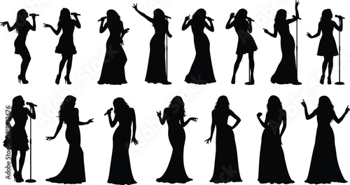Large collection of black silhouettes of people dancing singing and standing in various formal poses isolated on a white background.