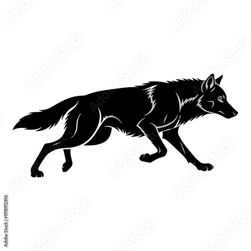 Black silhouette of a wolf running against a white background.