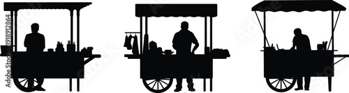 Set of black street food stall silhouettes, market vendor carts isolated on white background for design