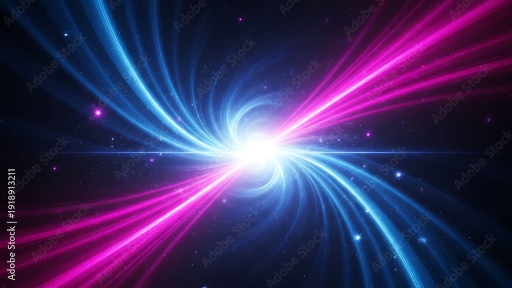 Fototapeta premium Vibrant neon light burst radiating dynamic blue and pink streaks against a dark background for futuristic designs