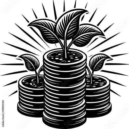 A vibrant green plant sprouts from stacked coins under warm light flares, representing financial growth, sustainable investment, passive income, and long-term wealth building in a dynamic business en
