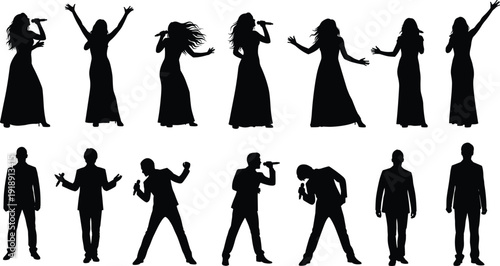 Large set of black silhouettes of female and male singers performing with microphones in various stage poses isolated on white background.