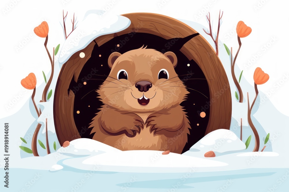 Fototapeta premium Groundhog peeping out of its burrow in the snow, celebrating groundhog day