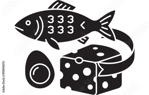 Fish cheese and olive icon with black silhouette shapes, simple flat pictogram for food market, restaurant menu, nutrition label, cooking app, isolated on white