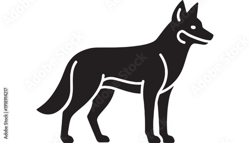 Dog silhouette standing with pointed ears and alert expression, simple black outline featuring animal, canine, pet with mammal and graphic elements for illustration, vector projects, clean