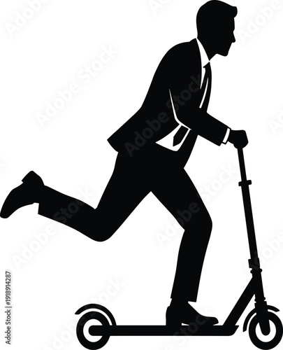 Black Silhouette Vector Illustration of a Businessman in a Suit Riding an Electric Kick Scooter for Fast Urban Commuting and Eco Friendly Transportation