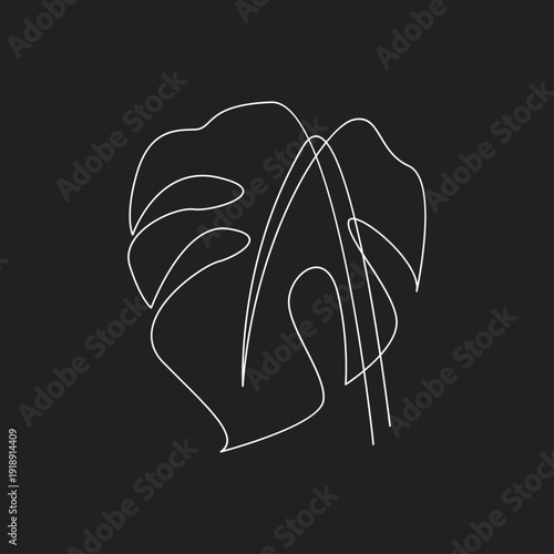 Minimalist continuous line art drawing of a Monstera leaf on a dark background
