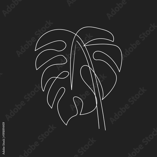 Minimalist Monstera Leaf Line Art Illustration on Dark Background. Elegant Tropical Botanical Drawing for Modern Design.