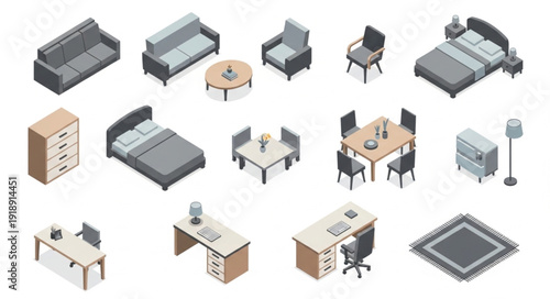 Collection of Isometric Furniture Objects for Interior Design.