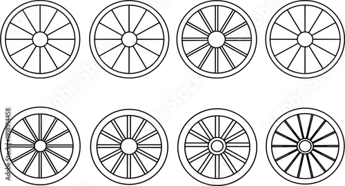 Set of vintage wooden wheel outlines, antique carriage wheel icons isolated on white background for design