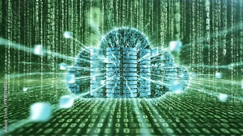 Cloud Computing Digital Data Concept - The video shows a digital cloud composed of data servers surrounded by glowing light effects.