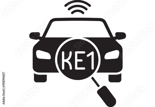 Car connected icon with wireless signal and KEI plate magnifier, simple black glyph for vehicle registration search, keyless entry, automotive tech and inspection
