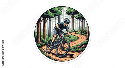 Mountain Biker Riding Downhill Trail.