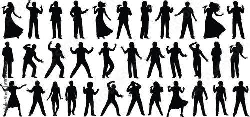 Massive collection of black silhouettes of musicians singers guitarists and drummers performing in various active poses isolated on white background.