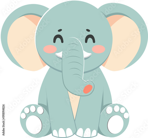 Charming cartoon elephant joyfully sitting, eyes closed in contentment, with large ears, rosy cheeks, and adorable trunk, rendered in a simplified, cheerful, and friendly graphic style suita