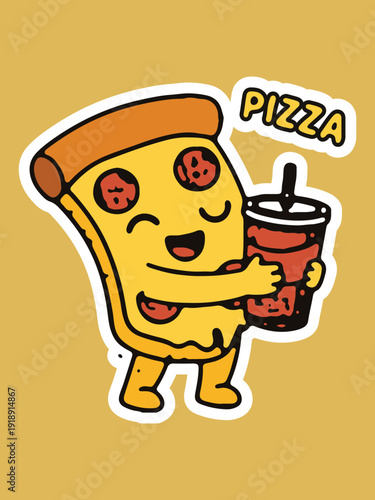 Kawaii Pizza Character Hugging Soda Cup, Happy pizza slice mascot hugging a red soda drink with straw