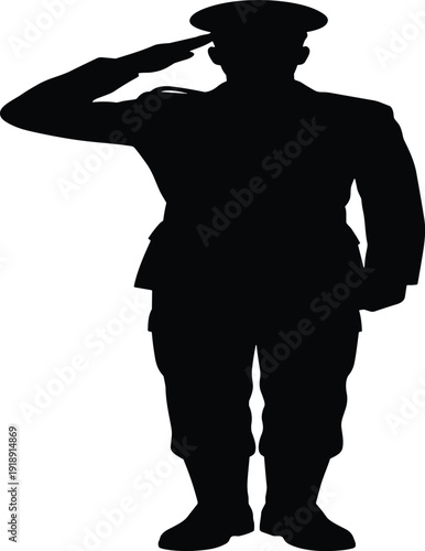 Black Silhouette Vector Illustration of a Male Soldier or Police Officer in Full Uniform Standing Straight and Giving a Formal Military Salute