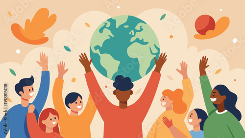 Group of diverse people raising hands under globe celebrating earth day awareness environmental unity sustainability and global support flat vector illustration