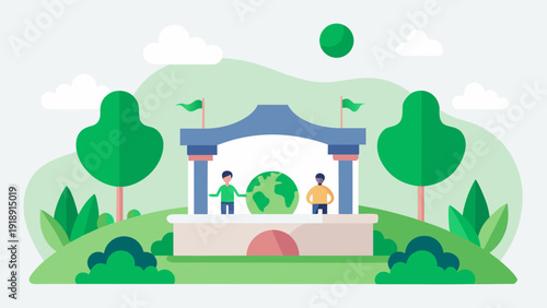 People celebrating earth day in park with globe and trees promoting environmental awareness sustainability and community support flat vector illustration