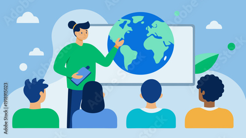 Teacher explaining earth day and global environment to students in classroom promoting environmental awareness sustainability and education flat vector illustration