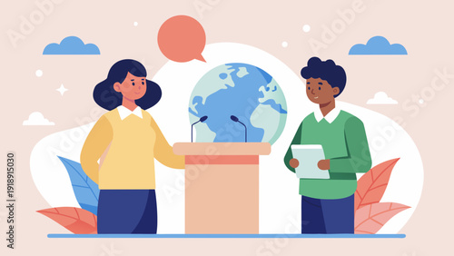 Man and woman discussing earth day with globe promoting environmental awareness sustainability and community dialogue flat vector illustration