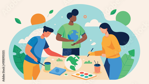 Volunteers planting and painting globe together promoting earth day awareness environmental protection sustainability and community engagement flat vector illustration