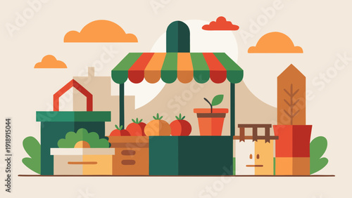Farmers market stall with fresh organic vegetables promoting sustainable food local produce and eco friendly lifestyle flat vector illustration