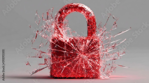 A shattered red padlock surrounded by glass fragments, symbolizing broken security and vulnerability.