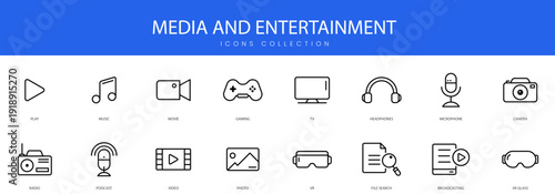 A set of line icons featuring multimedia players gaming devices and creative entertainment tools