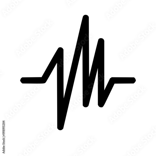 Dynamic black jagged line representing a sound wave, heartbeat, or electrical signal on a crisp white background, symbolizing rhythm, energy, and data flow for digital and scientific concepts