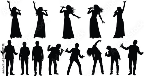 Set of black silhouettes of female and male singers performing with microphones in various stage poses isolated on white background.