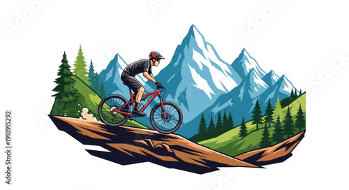 Mountain Biker Riding Downhill Trail.