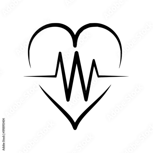 Stylized black and white line art graphic featuring a heart symbol intricately merged with a continuous electrocardiogram pulse line, representing health, vitality, and medical awareness