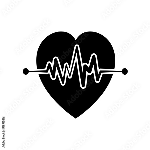 Iconic black heart with a pulsating electrocardiogram line across it, symbolizing health and life