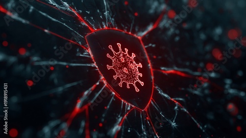 An abstract representation of a virus enclosed in a protective shield, illuminated by red and black tones.