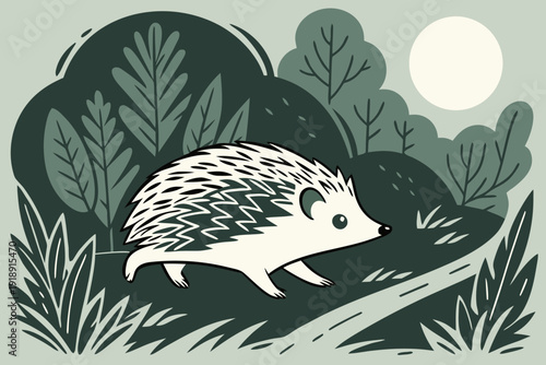 A cute hedgehog walking on a path through a moonlit forest at night