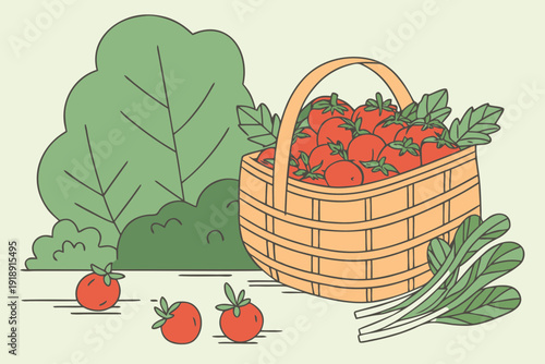 Abundant basket of freshly harvested organic tomatoes in a garden setting, showcasing nature's bounty