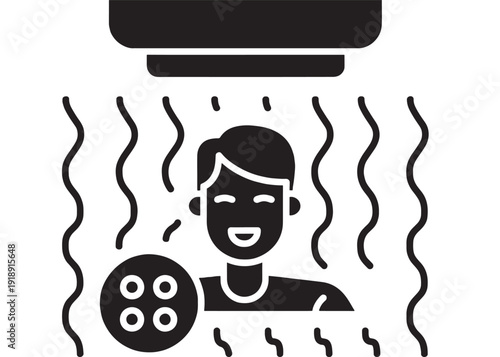 Shower icon with smiling man under running water, bathroom hygiene pictogram in flat black silhouette style, personal care washing symbol isolated on white