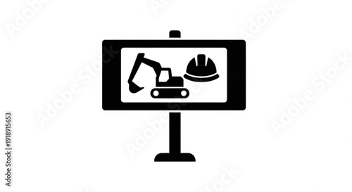 Computer monitor displaying construction icons including excavator and hard hat on screen