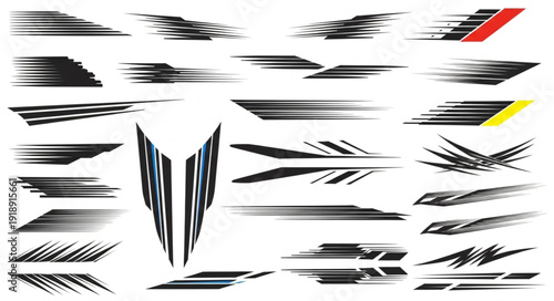 Collection of abstract racing stripes and sport decals for vehicles.