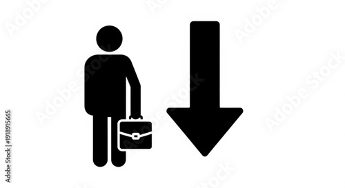 A person carrying a briefcase walks in the direction of a large downward arrow