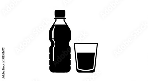 A bottle and a glass filled with dark liquid on a plain background viewed from the front