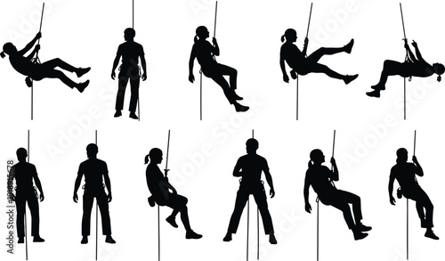 Black Silhouette Vector Set of Rock Climbers and Rappellers Using Ropes in Various Climbing Poses for Extreme Sports Adventure Design,