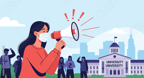 Student wearing a protective face mask protesting or making an announcement through a megaphone in front of a university campus building.