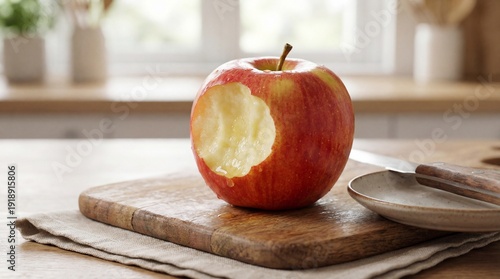 Fresh red apple with a bite taken out resting on a wooden board.