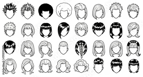 Collection of Hand Drawn Anime Hairstyle Illustrations.