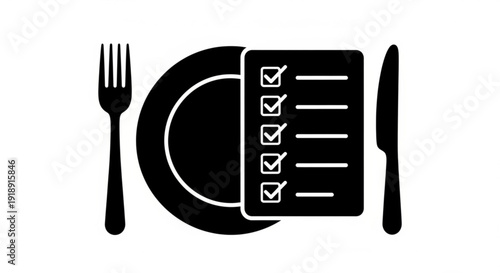 Dining setting with plate, utensils, and checklist on menu card displayed from a straightforward viewpoint